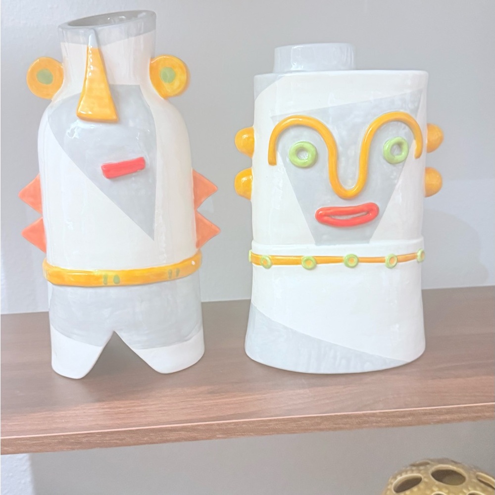 hand-painted ceramic abstract face vase eclectic or bohemian art styles
